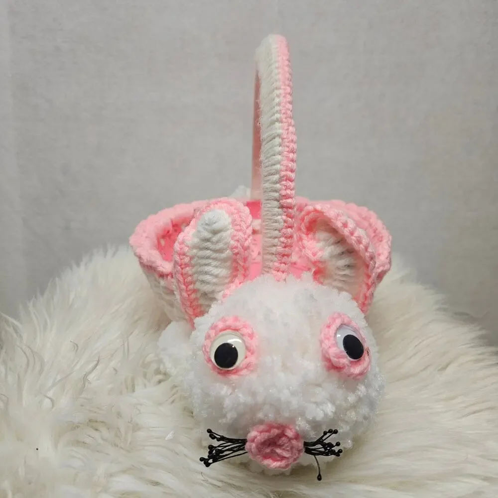 Vintage Style Handmade Crochet Easter Bunny Basket - Pink & White Plush Knit